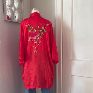 Vintage Golden Bee Red Floral Embroidered Women's Kimono Top Robe